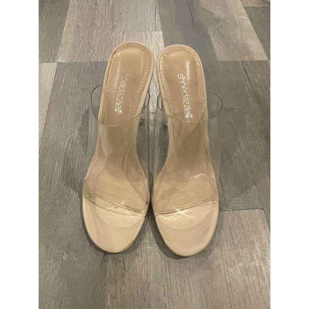 Shoedazzle Clear Top And Heel With Tan Bottom Open Back Mule Heels Sz 7